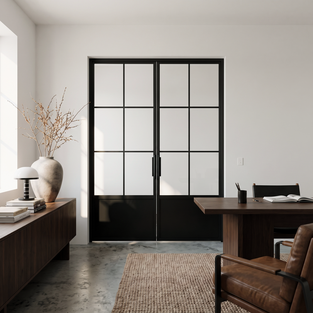 Modern home office featuring a Light 6 Interior double steel door with kickplate, elegantly styled in a minimalist room.