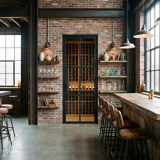 Industrial-style bar interior featuring a brick wall, custom wine cellar, wooden shelving, and rustic leather bar stools.