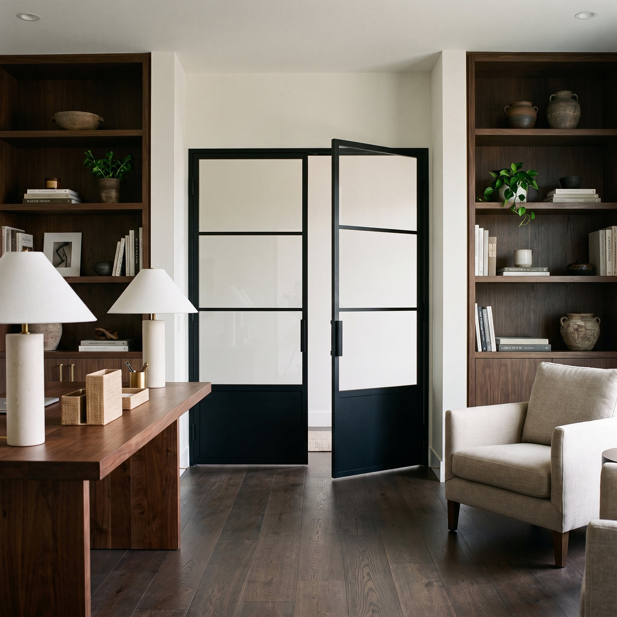 Modern home office featuring a Light 3 Interior double steel door with kickplate, elegantly framed by dark wood bookshelves.