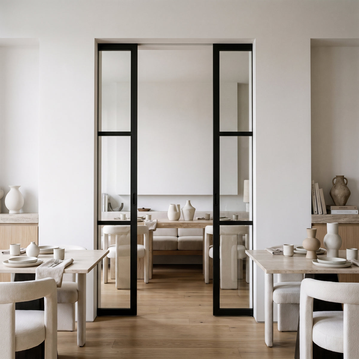 Modern interior featuring a Light 6 double pocket door with sleek black steel frames, creating an elegant room transition.