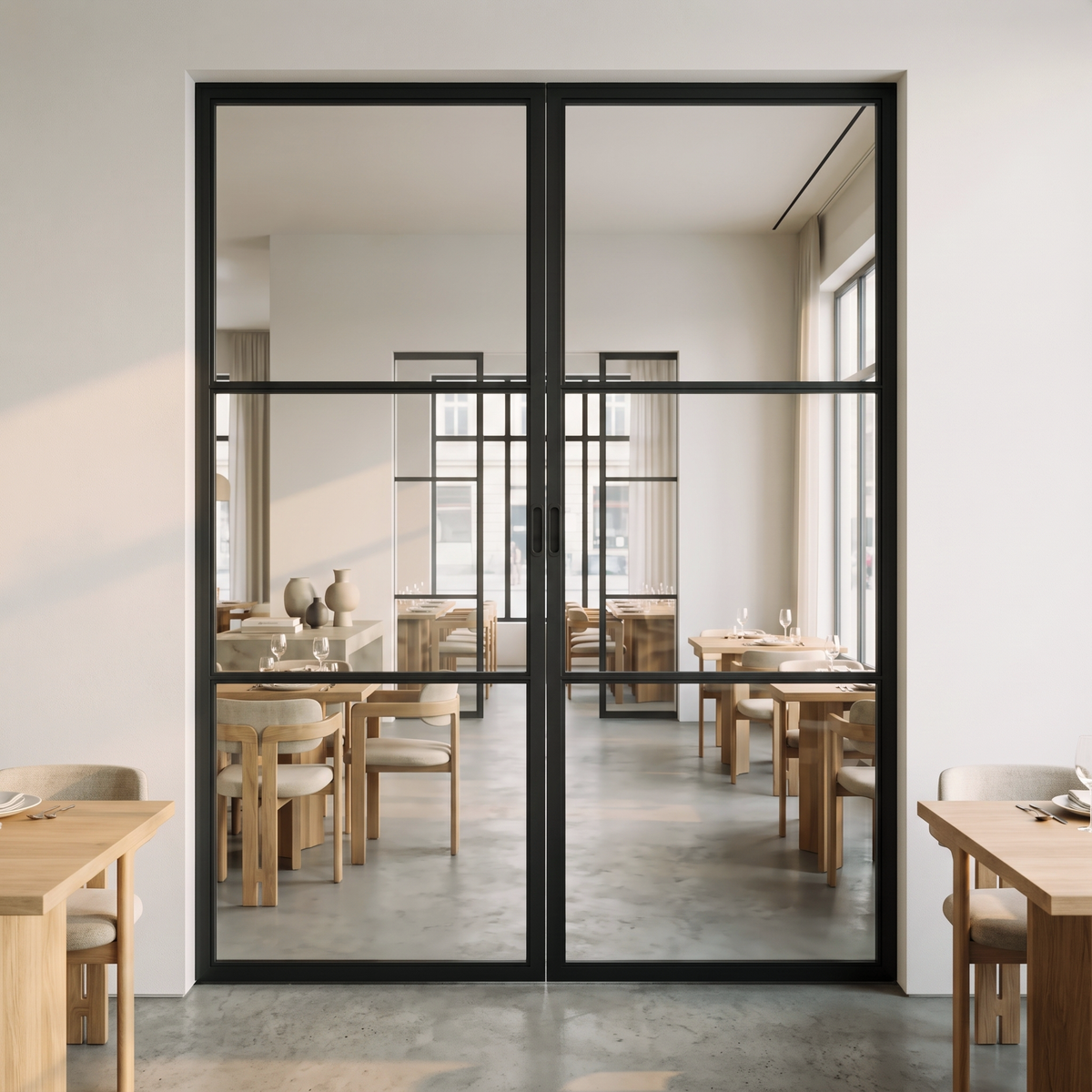Modern restaurant interior with minimalist wooden furniture, concrete floors, and elegant black-framed glass double doors.