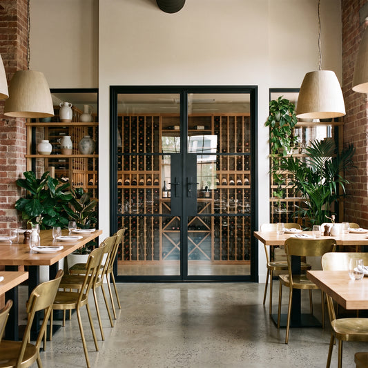 Modern restaurant interior featuring a glass-enclosed wine cellar, rustic brick walls, and elegant brass dining chairs.
